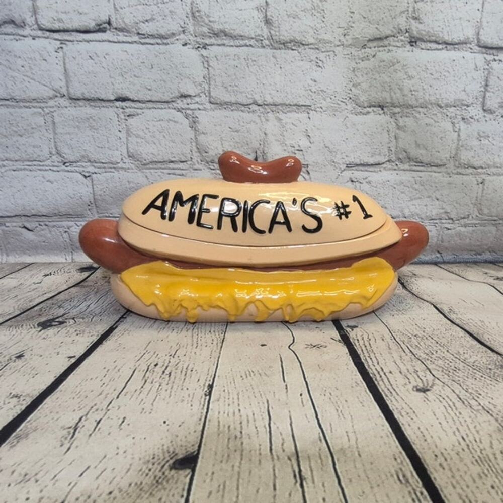 Vintage Glazed Ceramic America's #1 Hotdog container with lid Cookie Jar